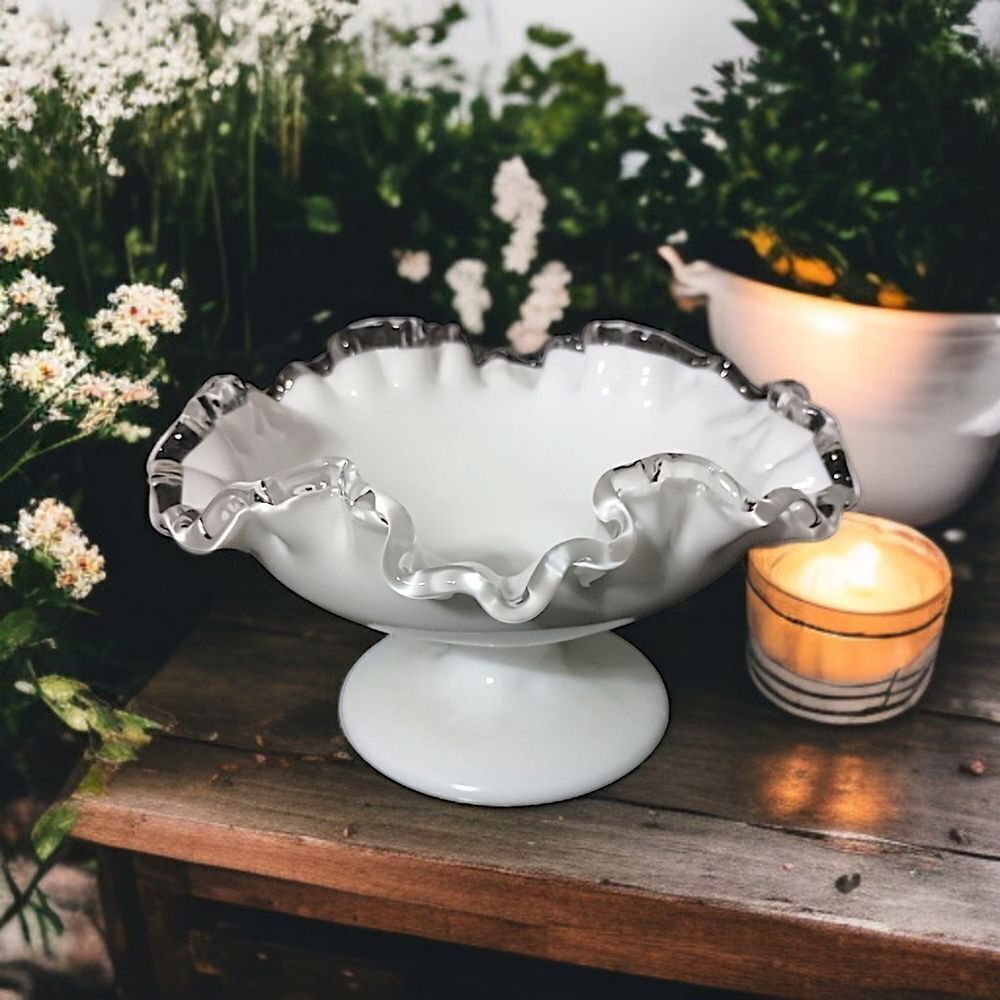 Fenton Silver Crest Compote Pedestal Dish Milk Glass Ruffled Edge Mid Century.
